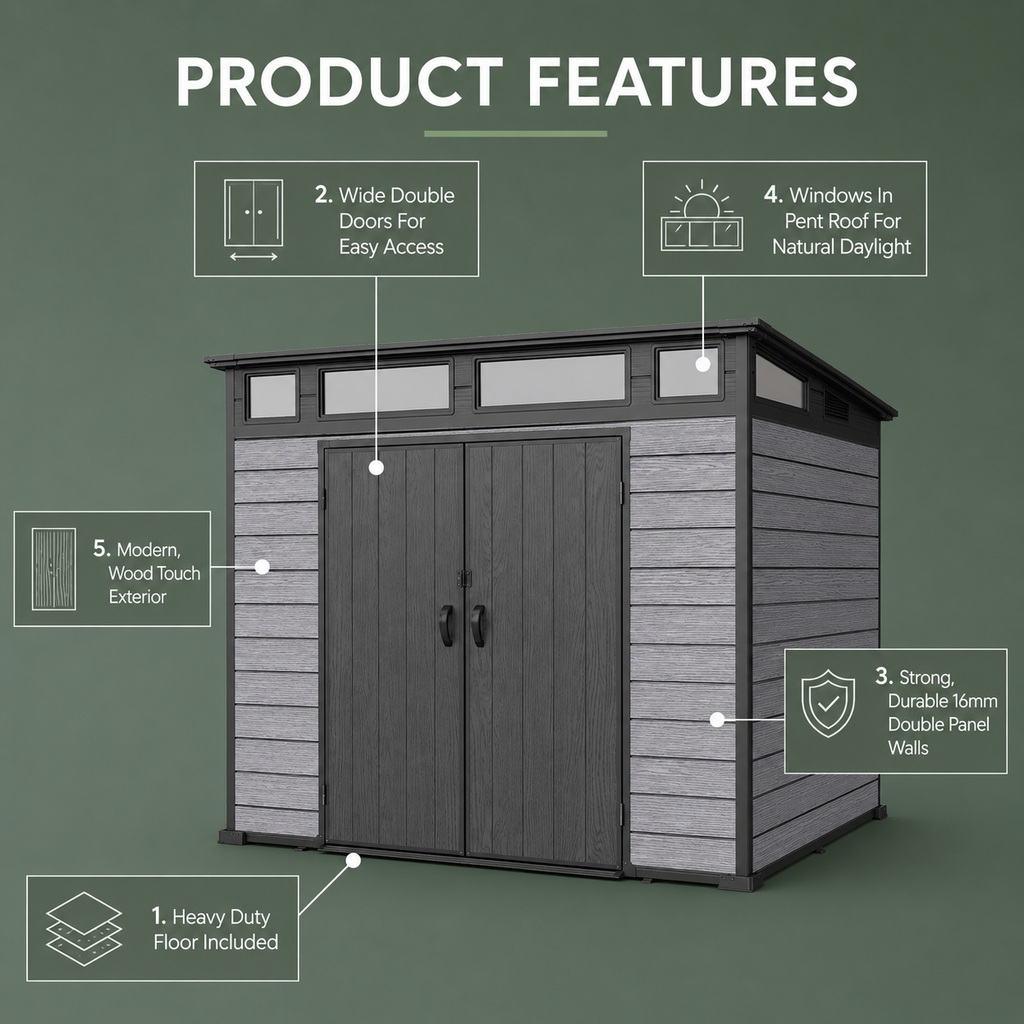 Pro Grade 7ft x 7ft Pent Roof Premium Plastic Garden Shed - Grey/Anthracite Wood Touch Texture